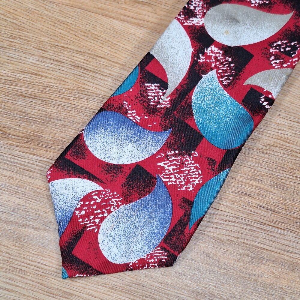 Damon Vintage Red Teal Abstract Geometric 100% Silk Tie Necktie Mens Retro